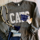 Cats Embroiderd Ragged Game Day Crew - Dark Grey - Lace and Grace Boutique